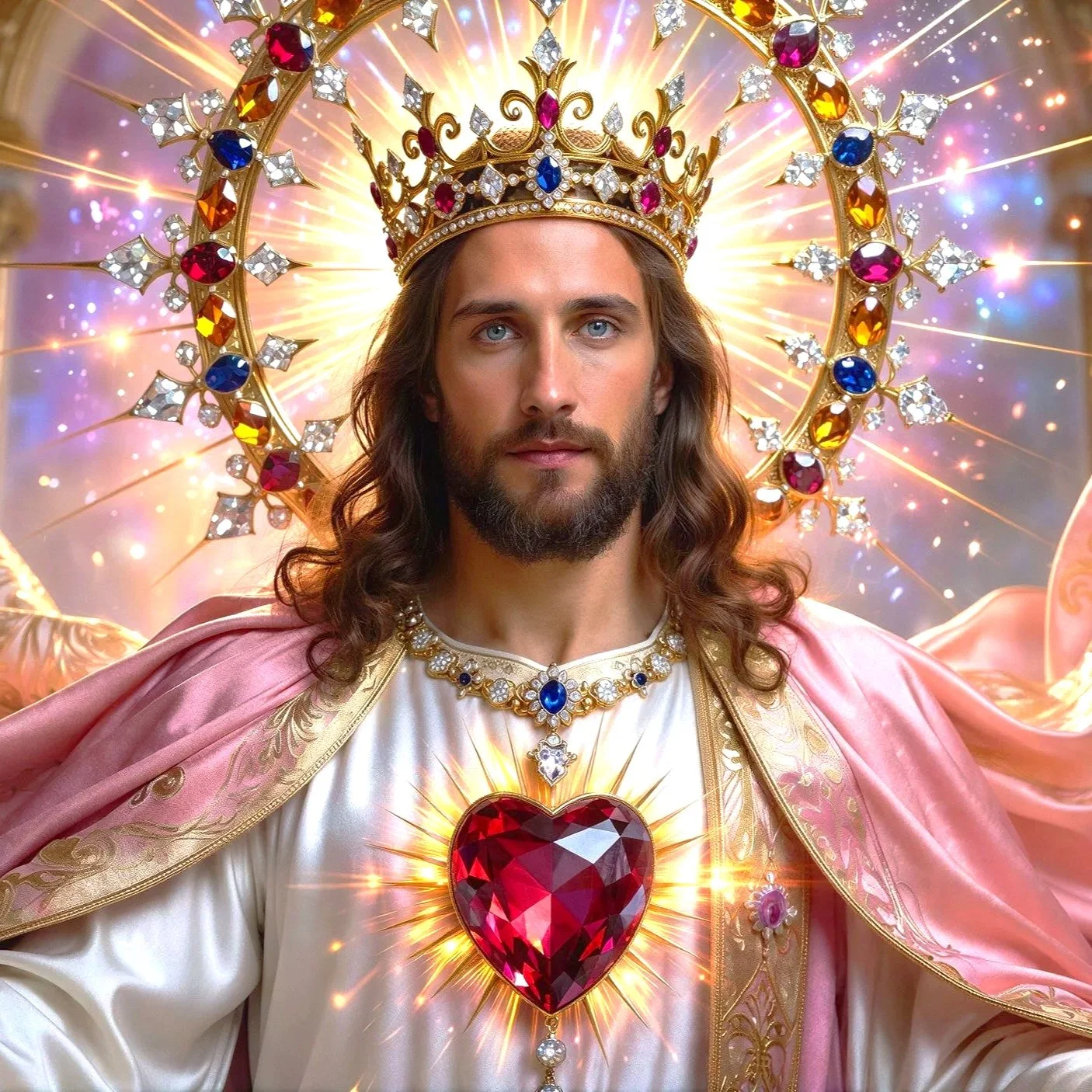 Beloved Jesus Christ with long brown hair and a beard, wearing a crown adorned with jewels and a pink cape. A large, glowing red heart is on his chest, emitting light, with a radiant halo behind his head and a decorated background.