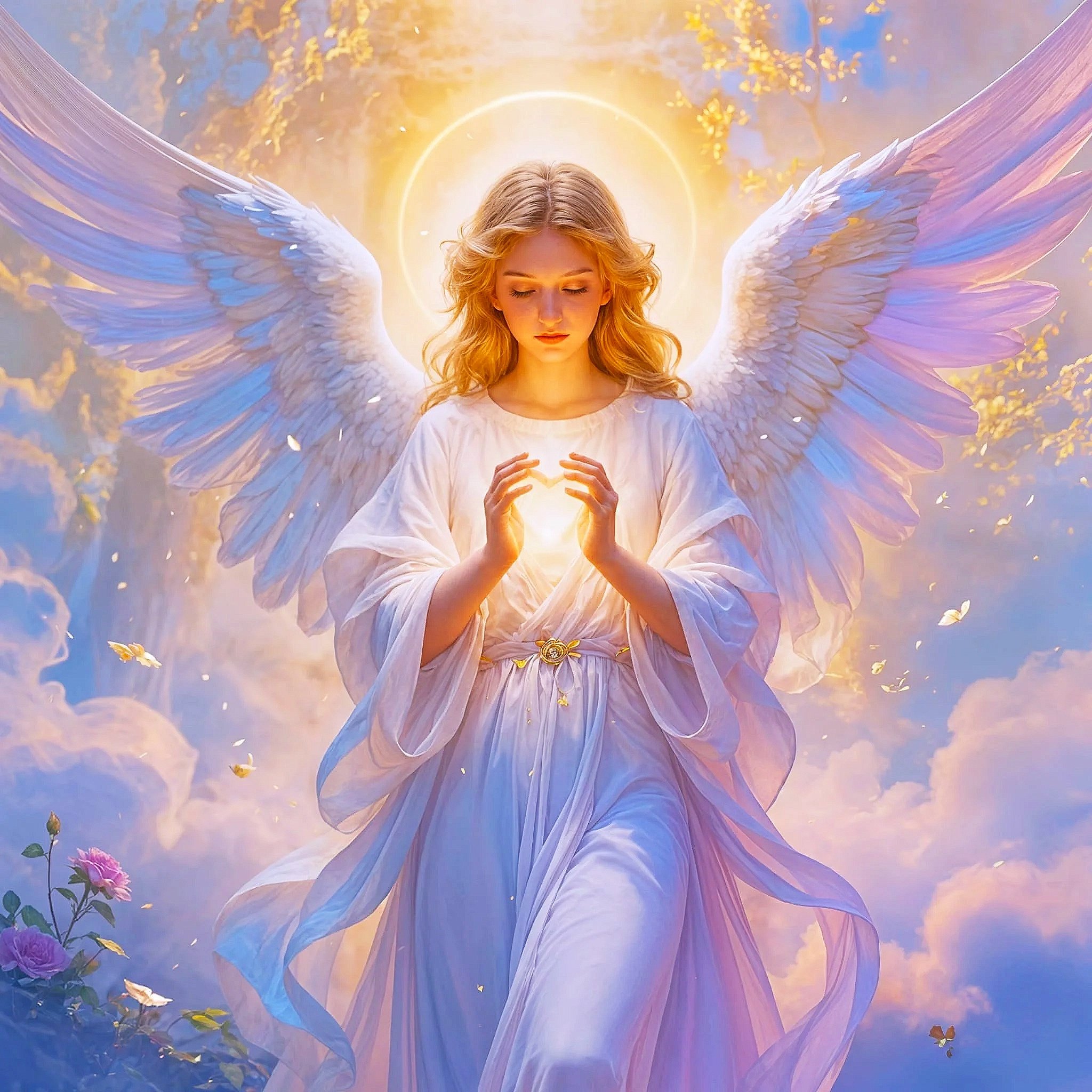 An illustration of a woman with large angelic wings, wearing a flowing white dress, holding a glowing light in her hands, with a bright halo behind her head, surrounded by clouds and butterfly shapes.