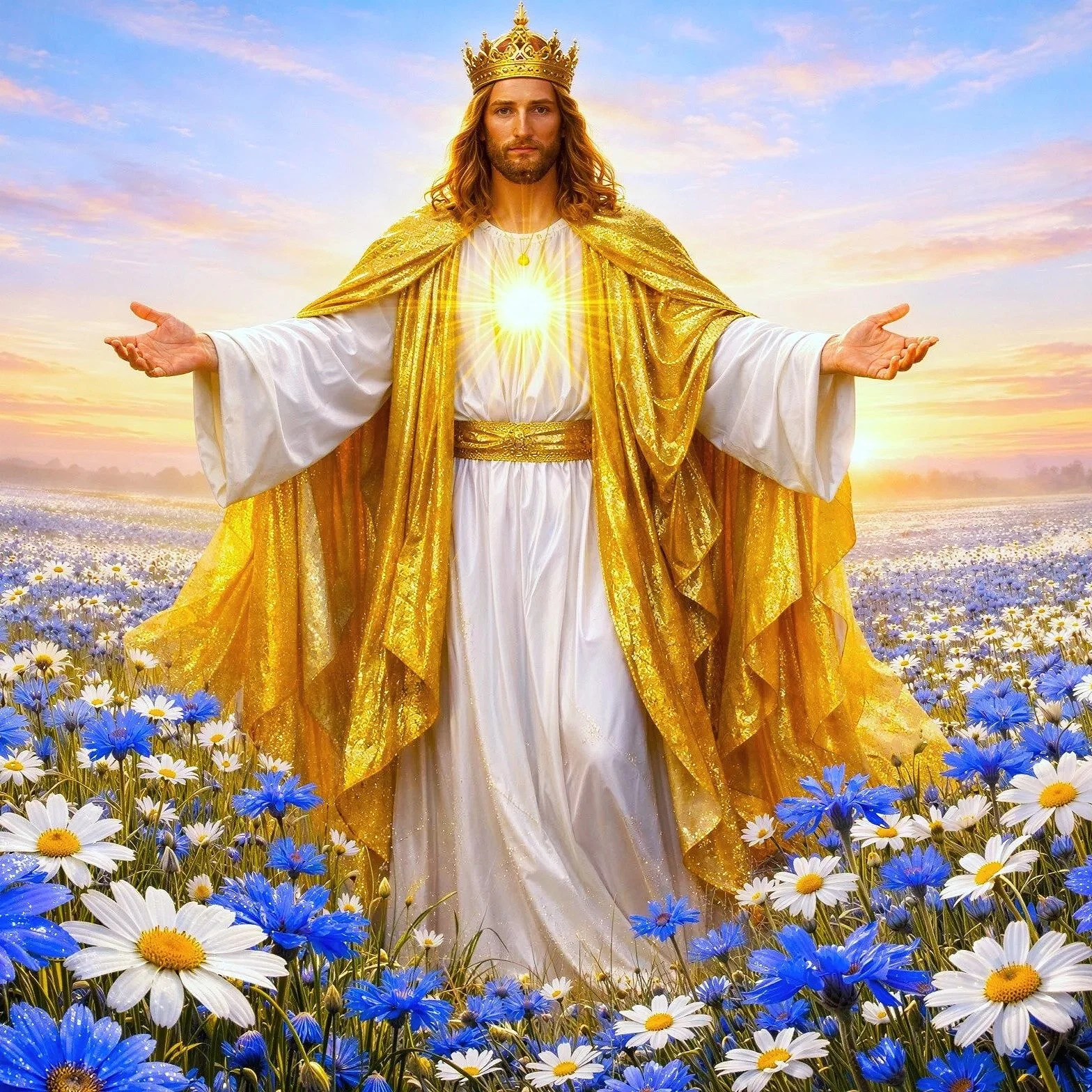 Religious artwork of Jesus Christ standing in a field of blue and white daisies with arms outstretched, wearing a white robe and golden cloak with a crown on his head, and a glowing light on his chest, against a sunrise or sunset sky.