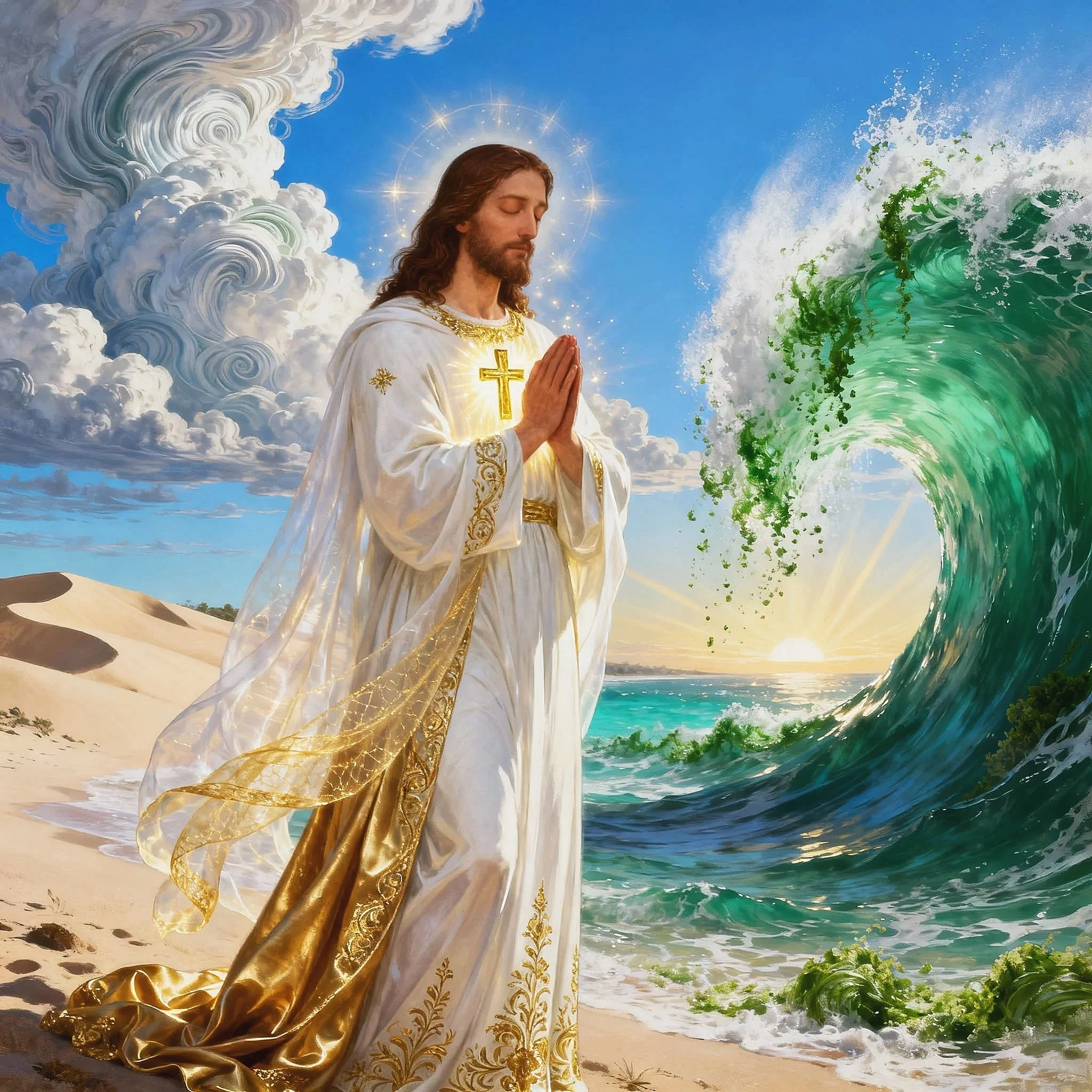 Jesus Christ standing on a beach in prayer with a large ocean wave approaching, a sunset in the background, and a halo around his head.