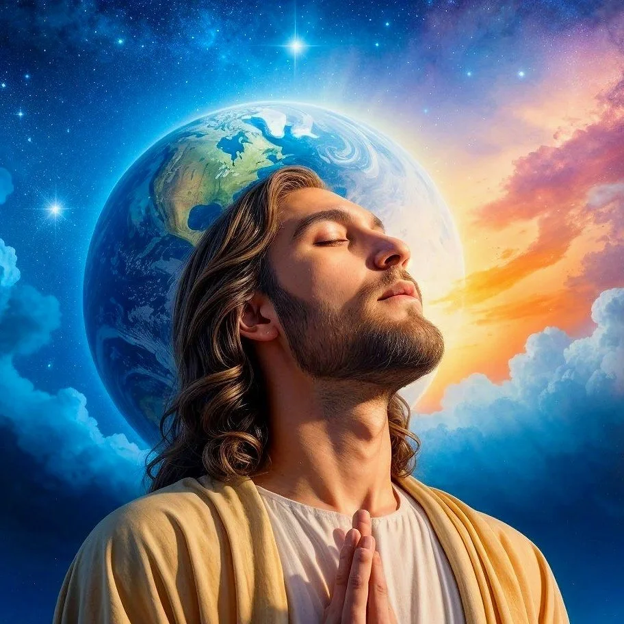 Beloved Savior Jesus Christ, with long hair and a beard, hands raised in prayer, standing against a cosmic background of Earth and a colorful sunset.