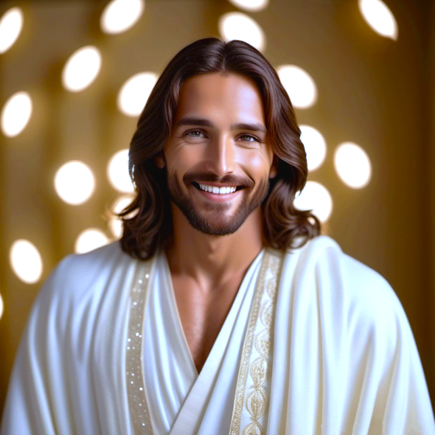 Religious artwork of Our Savior Jesus Christ with long brown hair and a beard dressed in white robes, smiling, with a blurred background of golden lights.