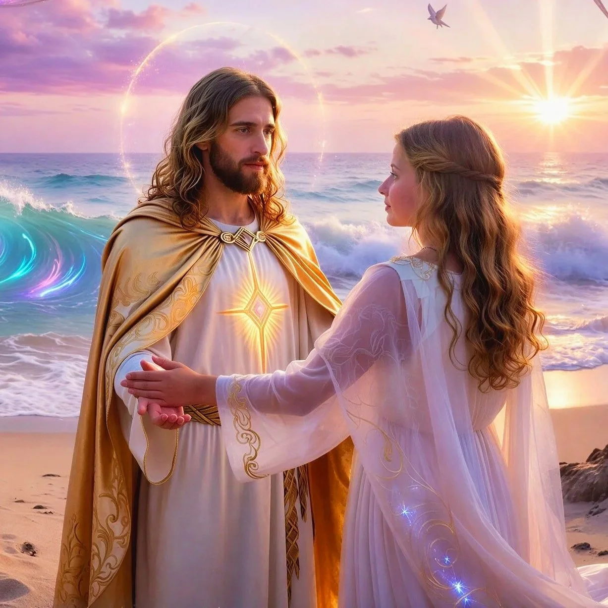 Religious artwork of Jesus Christ and a young woman dressed in white and gold robes holding hands on the beach at sunset, with waves, a rainbow, and a bird in the sky.