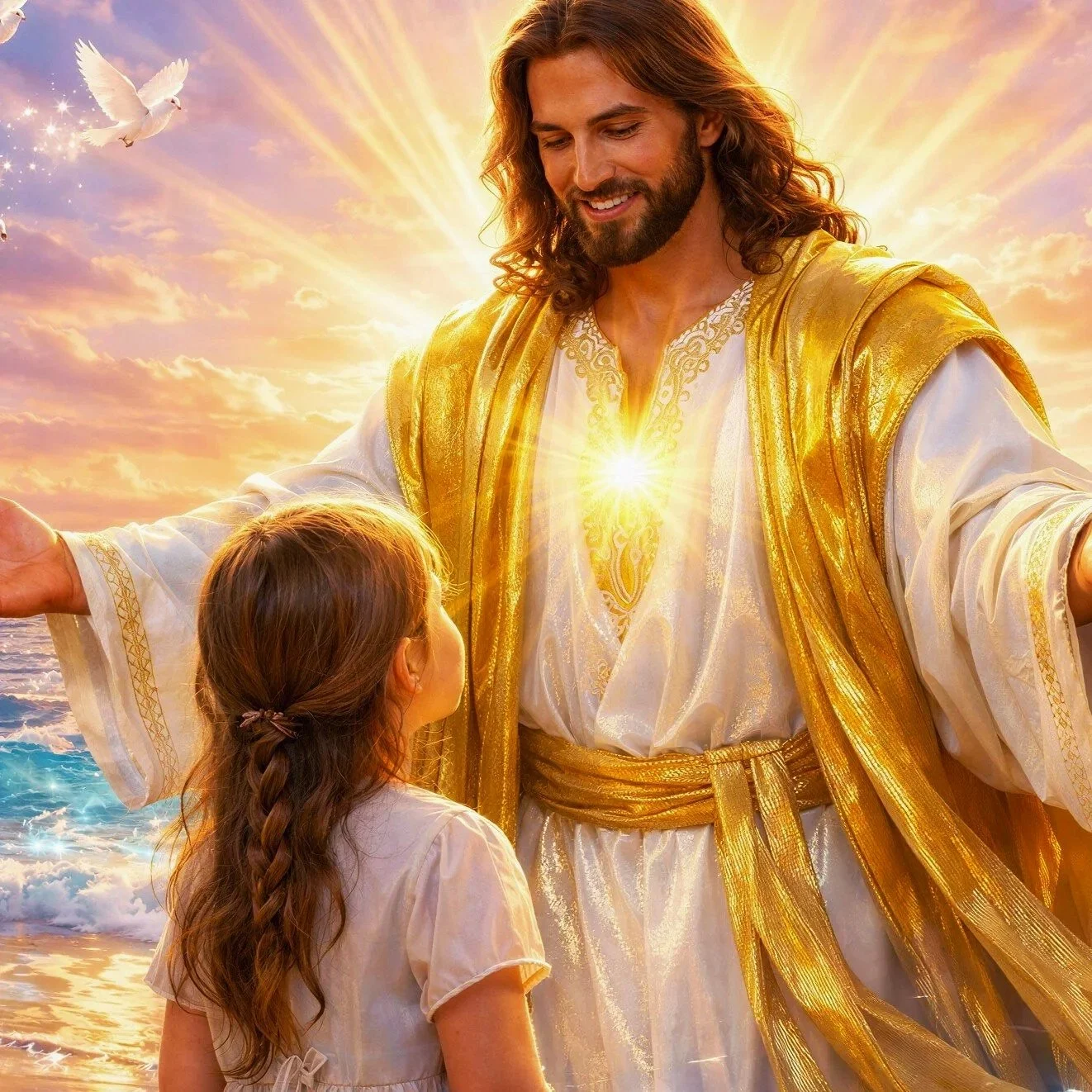 A depiction of Jesus Christ with long hair and a beard, wearing a white tunic with gold accents and a gold sash, standing on a beach at sunset. He has his arms outstretched and is looking down at a young girl with long brown hair, wearing a white dre