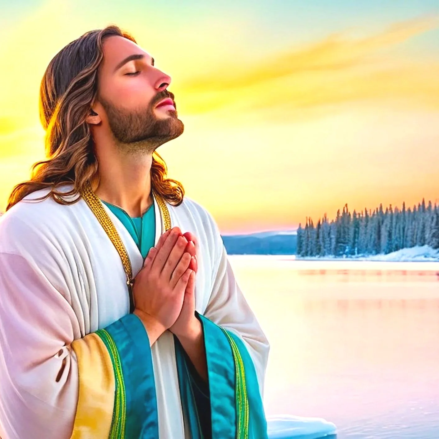 Religious artwork of Jesus Christ with long hair and a beard, dressed in a white robe with teal and gold accents, standing with his hands pressed together in prayer, eyes closed, outdoors near a frozen lake during sunset.