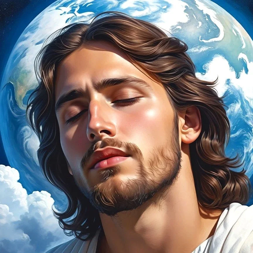 Our Beloved Savior Jesus Christ, as a young man with long brown hair and a beard, eyes closed, with a background of the Earth from space and a cloudy sky.