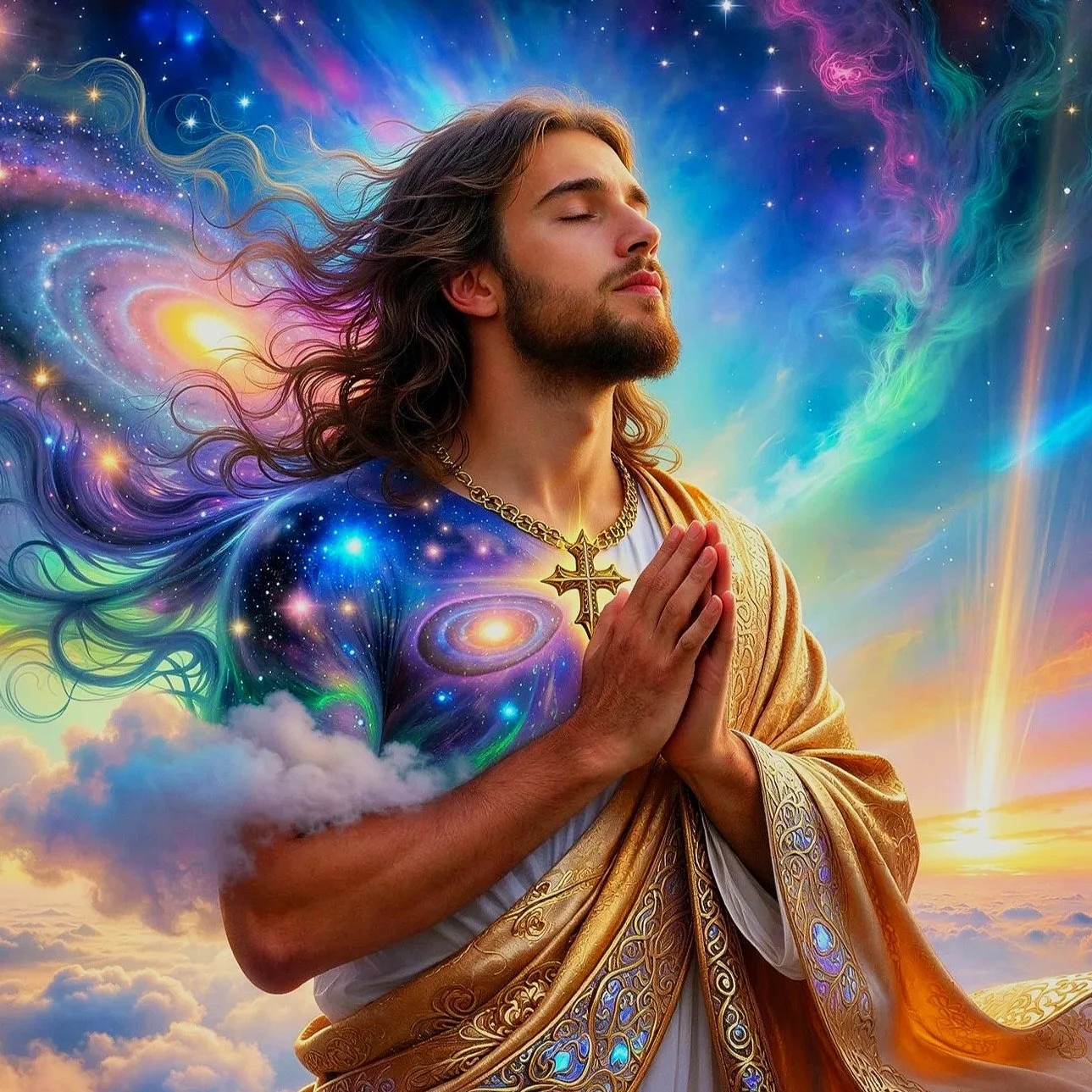 Religious artwork of Our Blessed Savior Jesus Christ with long hair and a beard has his hands together in prayer, wearing a gold and cream robe and a cross necklace, with a cosmic galaxy and vibrant, colorful sky background.
