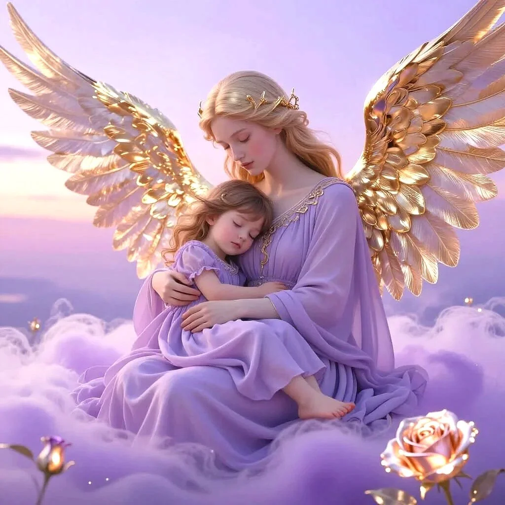 An lady angel with golden angelic wings and a golden laurel crown, wearing a lavender dress, embracing a young girl with matching lavender dress, sitting on clouds with a pastel purple and pink sky in the background.