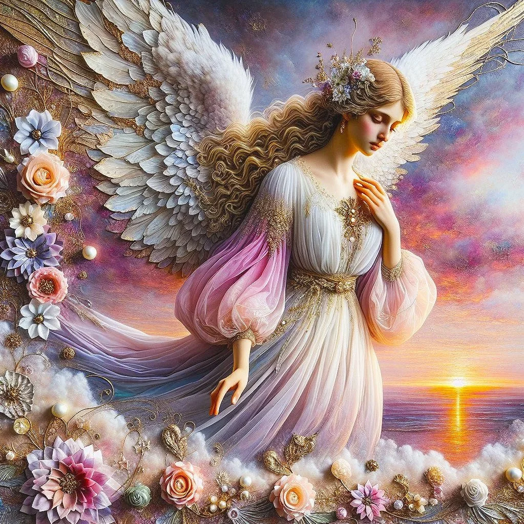 A fantasy-style illustration of a woman with long curly hair, angel wings, and a floral crown, standing in a dreamlike landscape with a sunset over the ocean and decorated with flowers and pearls.