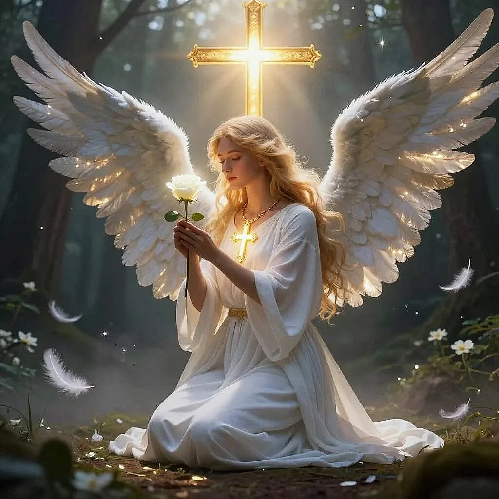 A woman dressed as an angel with large white wings kneels in a forest, holding a white rose and a glowing cross necklace. A glowing cross is in the background, illuminating the scene surrounded by feathers and flowers.
