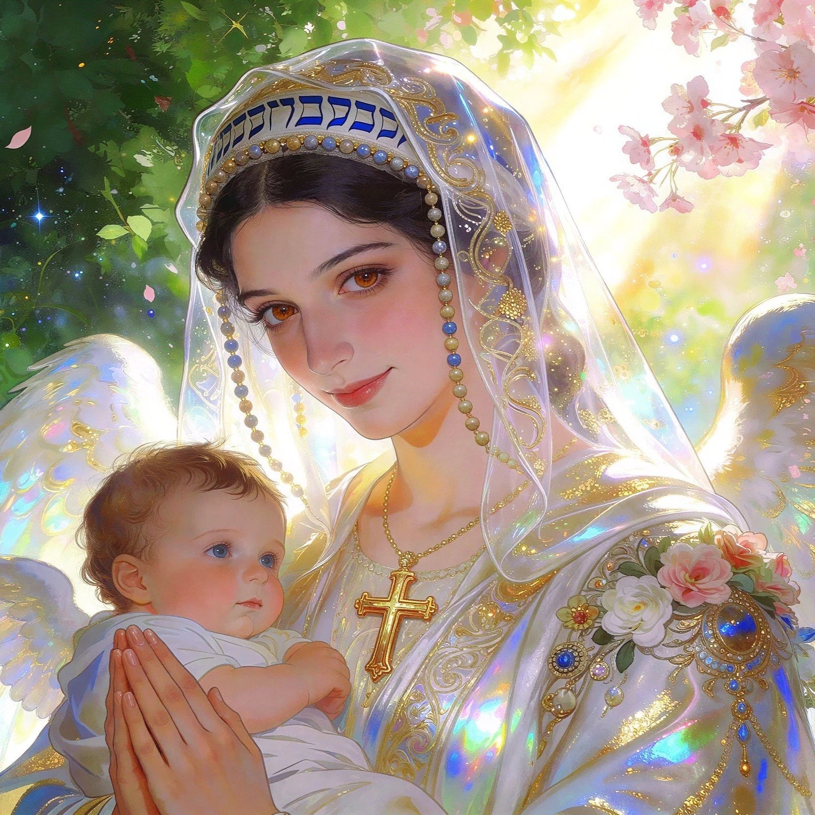Religious image of Mother Mary in a flowing silver and gold gown with floral embellishments, a golden cross necklace, and a pearl prayer circle headdress. She is holding a baby  a vibrant, colorful, and luminous background with pink cherry blossoms. 