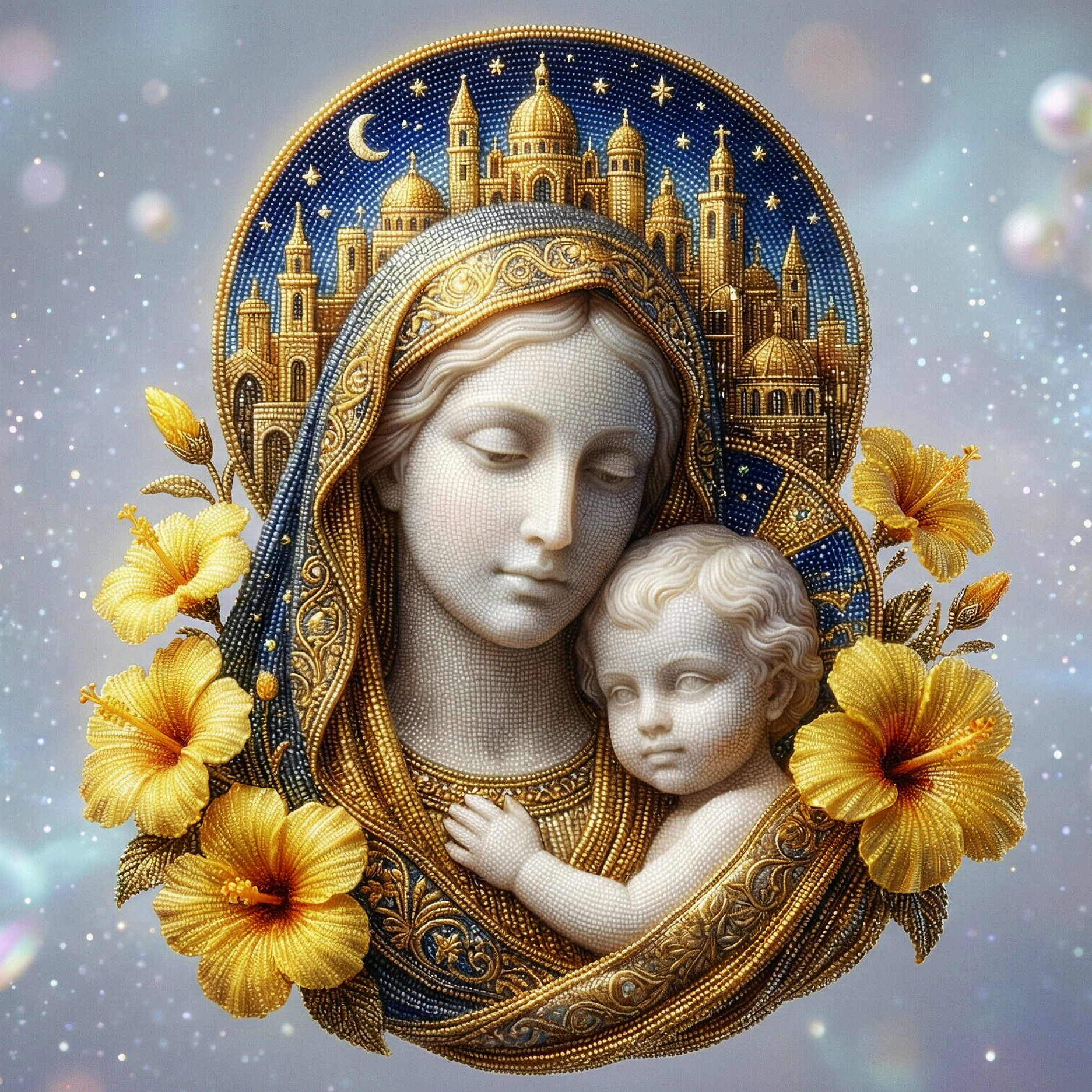 Religious artwork of the Virgin Mary holding baby Jesus, adorned with gold and beaded embellishments, surrounded by yellow flowers with a celestial, starry background and a castle in the halo behind them.