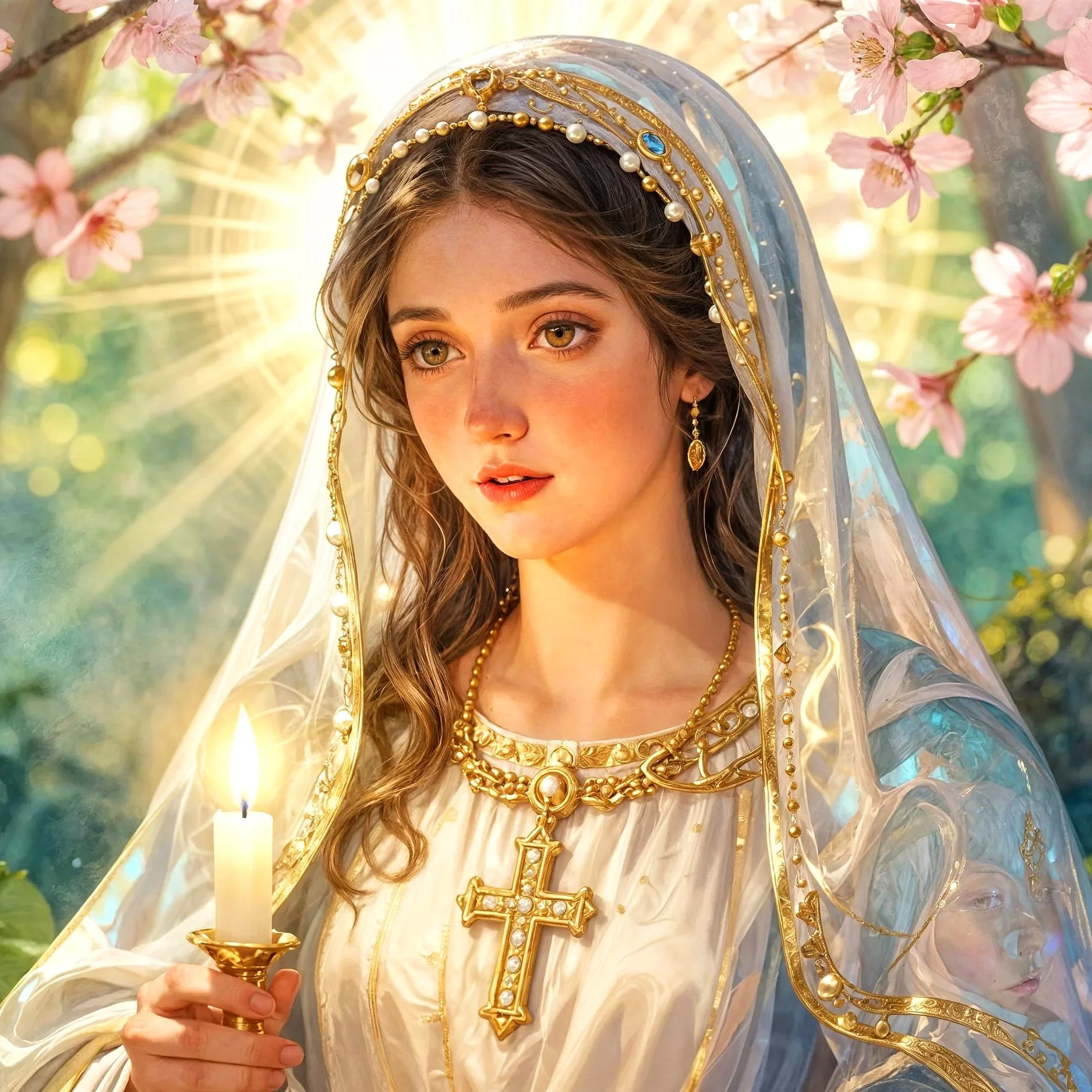 Religious artwork of the Virgin Mary, wearing a white and gold gown with a veil, holding a lit candle, and standing in front of pink cherry blossom trees with sunlight streaming through.