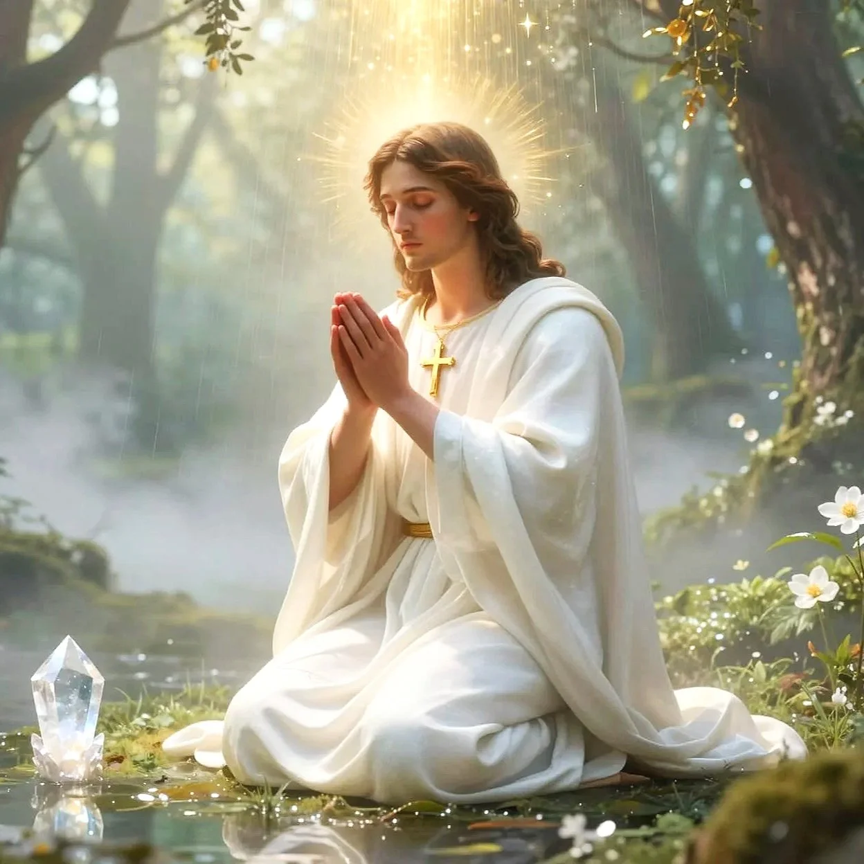 A young man dressed in white, praying with a glowing halo around his head, kneeling in a lush forest with sunlight filtering through trees, next to a crystal and white flowers.
