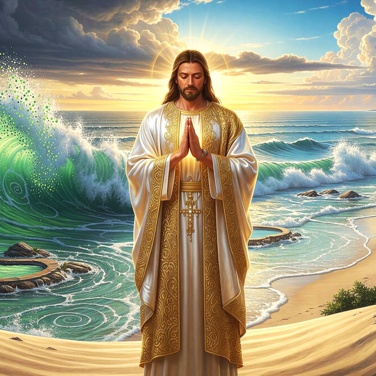 Jesus Christ standing on a beach with ocean waves crashing around him, holding his hands in prayer, with a bright halo behind his head and a sunset sky in the background.