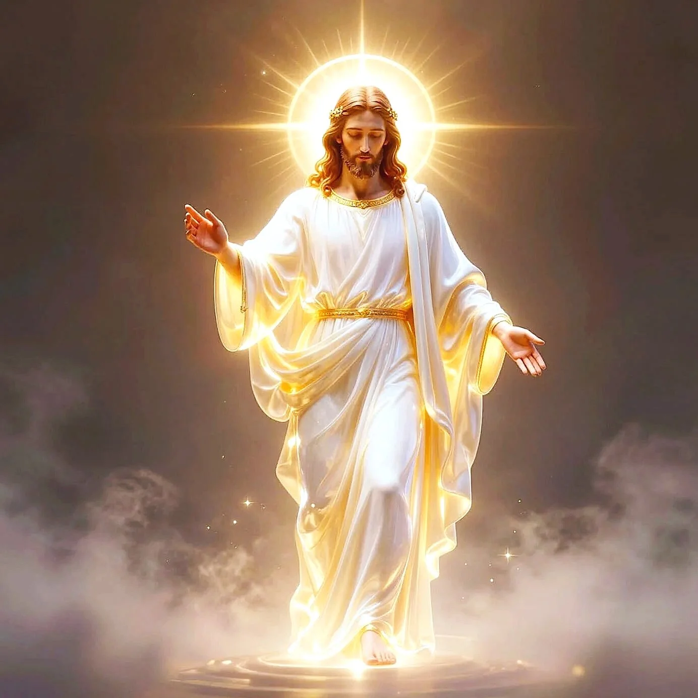 A Holy image of Jesus Christ with a glowing halo, wearing a white robe, walking on clouds with a serene expression.