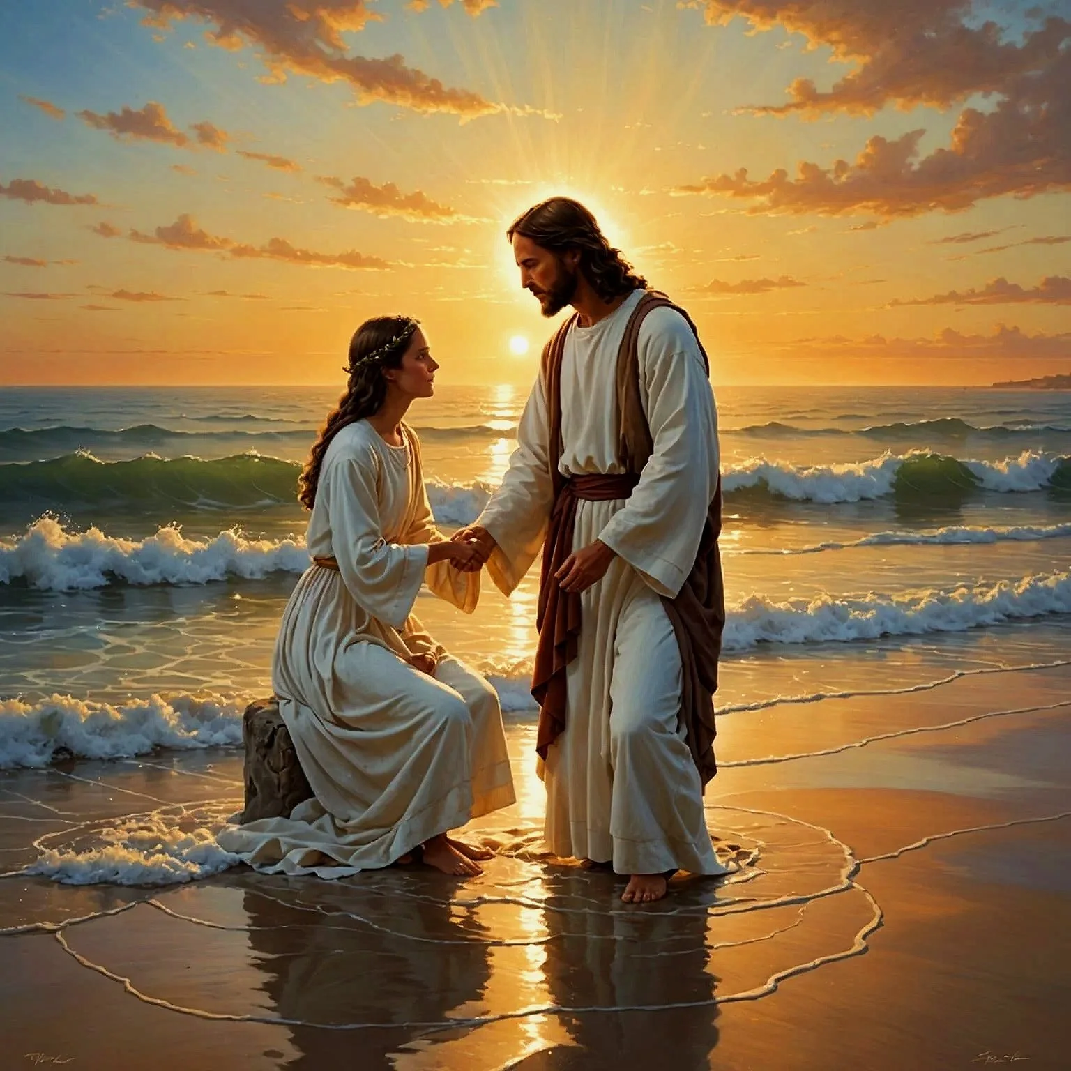 Jesus Christ and a woman at the beach during sunset, holding hands with waves in the background.
