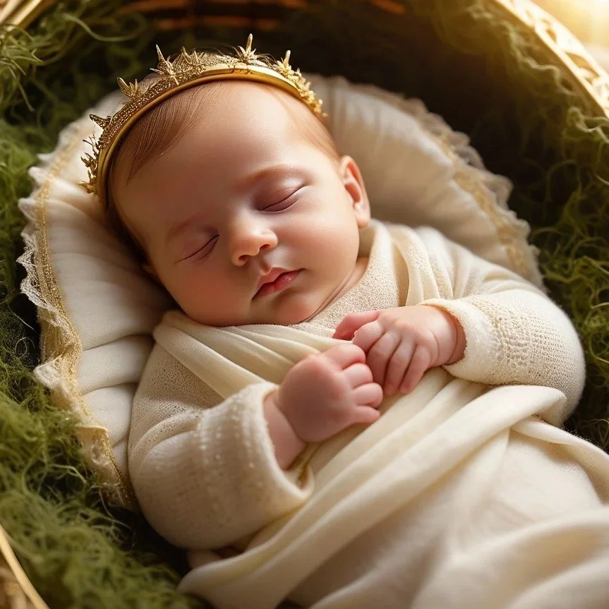 A sleeping baby Jesus  wearing a small golden crown with star and leaf details, wrapped in cream-colored blankets, lying on a soft pillow with green moss surrounding it.