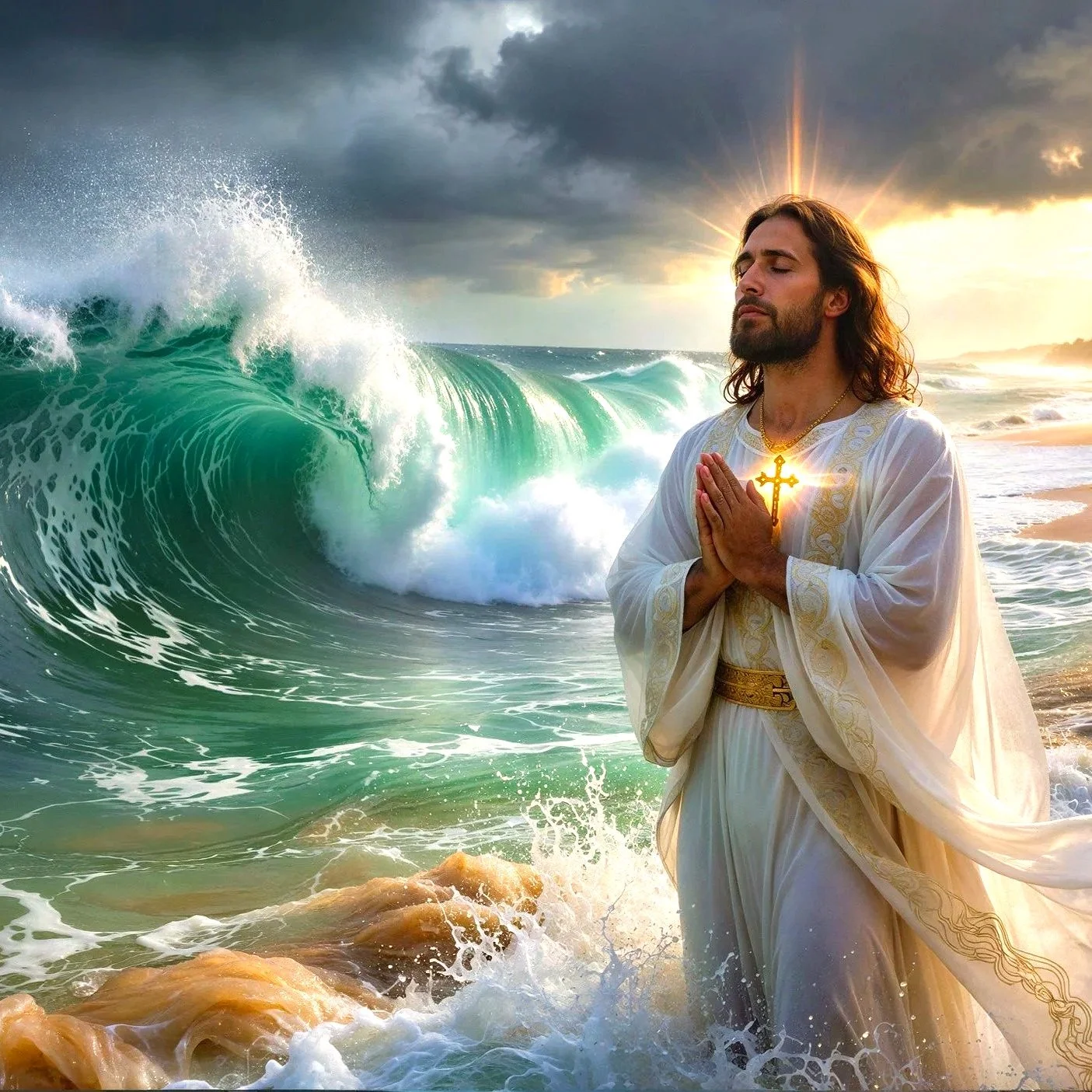 Jesus Christ Our Savior,  standing on the beach with hands in prayer, wearing a white robe with gold details and a glowing cross necklace, with large ocean waves crashing behind him during sunset.