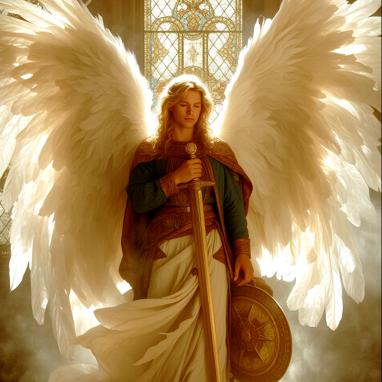 Archangel Gabriel with large white feathered wings, holding a sword and shield, standing before a large stained glass window.