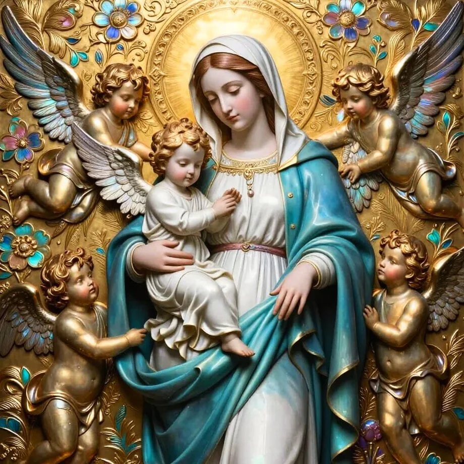 Religious artwork of the Virgin Mary holding baby Jesus, surrounded by four cherubs with wings, on a gold ornate background with blue and purple flowers.