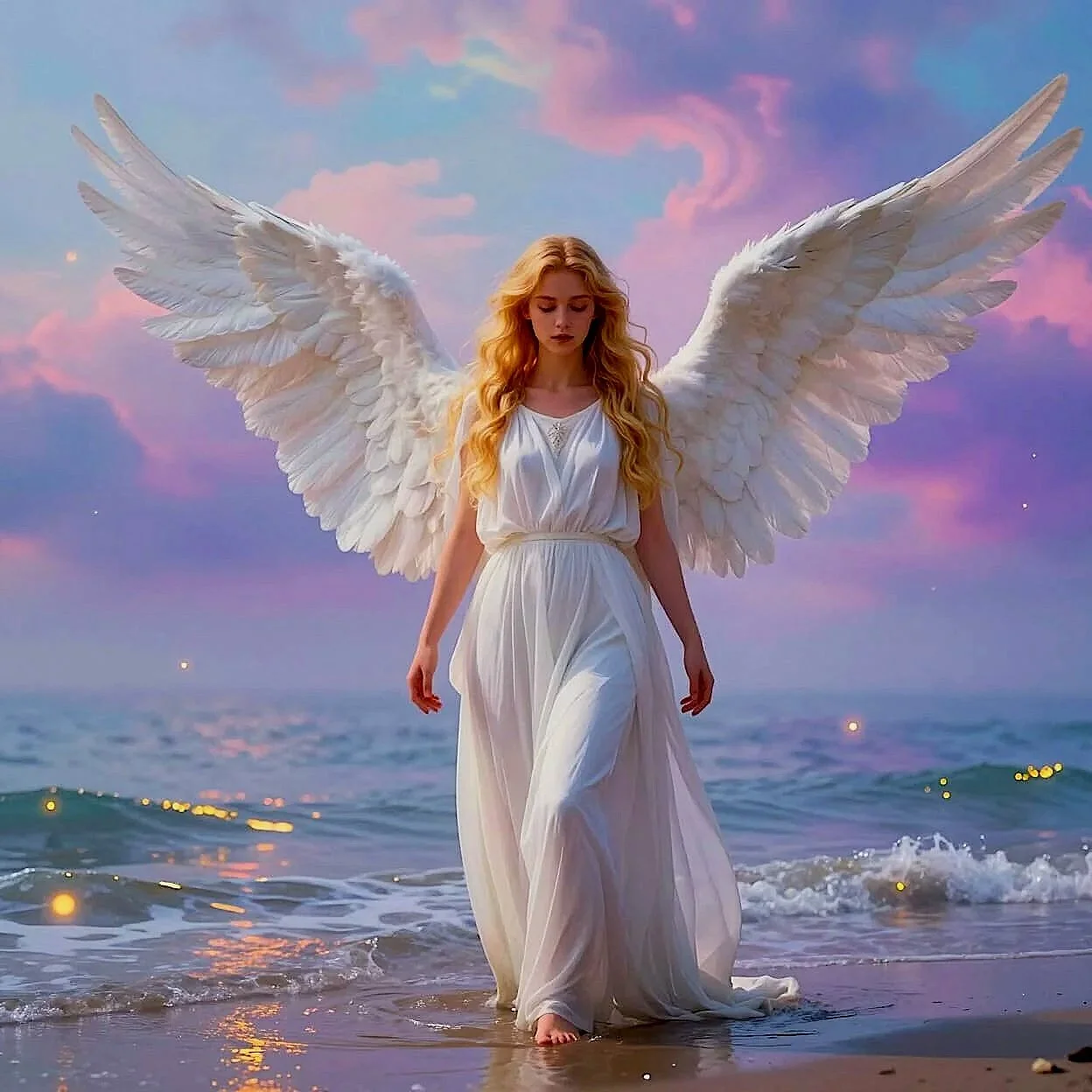 A beautiful lady angel with large white angelic wings walking on the beach during sunset.