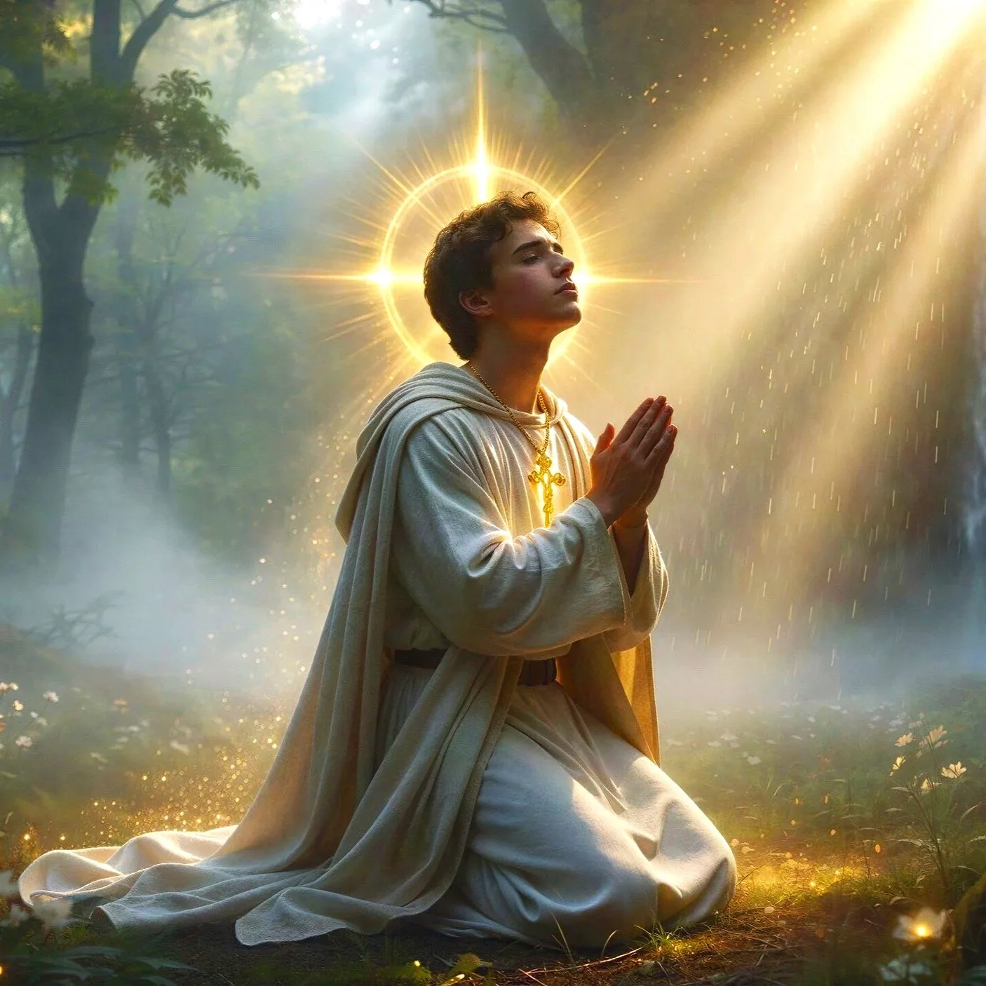 A young person dressed in religious robes kneels with hands clasped in prayer in a misty forest, with a glowing halo-like light behind their head resembling a halo or radiant crown.