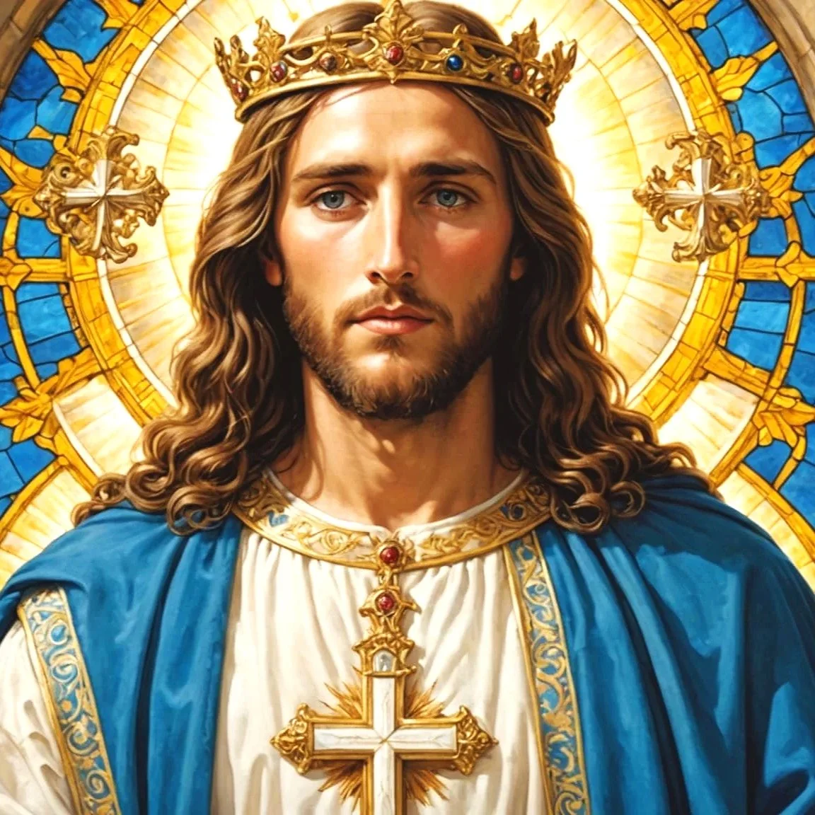 A painting of Jesus Christ wearing a golden crown and a white and blue robe, with a large cross necklace. Behind him is a circular stained glass window with blue and gold designs.