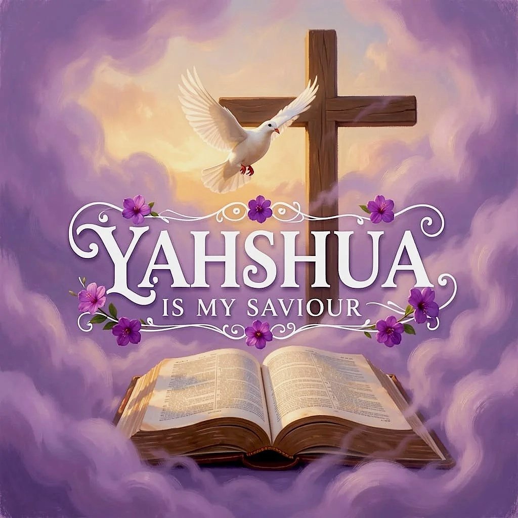 A religious-themed illustration featuring a wooden cross, an open Bible, a dove, purple flowers, and the text 'Yahshua is my savior' against a cloudy sky background.