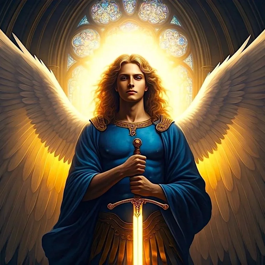 Archangel Michael, with large white wings, curly blonde hair, and a blue robe stands in front of a glowing background with stained glass windows, holding a glowing sword in front of her.