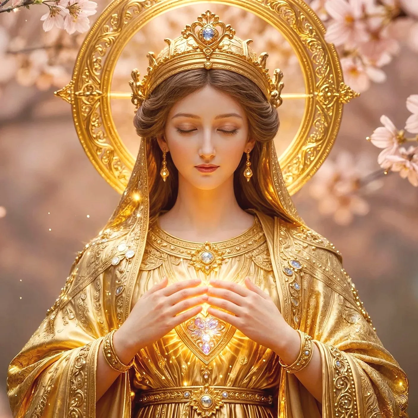 A woman dressed as a saint, referring to Mother Mary, the Queen of the Angels, in gold robes with a large golden halo, holding her hands together in prayer with a peaceful expression, surrounded by pink blossoms.