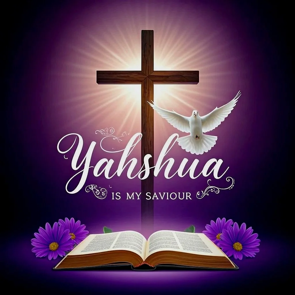 A wooden cross with bright light shining behind it, a white dove flying nearby, open Bible at the bottom, purple flowers on either side, and the words "Yahshuah is my savior" written in elegant script.