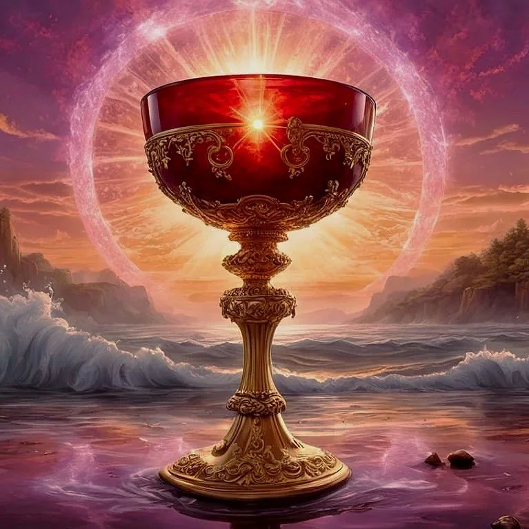 A decorative, ornate goblet or chalice, the Holy Grail with gold details, symbolizing the Sacred Blood of Jesus. The background features a dramatic sunset with pink, purple, and orange hues, and a large, glowing light ring surrounds the chalice.