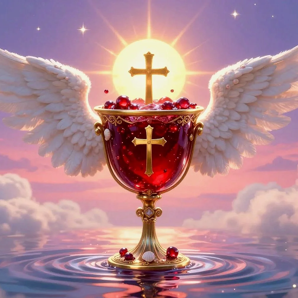 A chalice, the Holy Grail,  filled with red liquid, symbolizing the Sacred Blood of Our Savior, adorned with two gold crosses on it, has white angelic wings attached to it, set against a glowing sun and a pink-purple sky with clouds and stars.