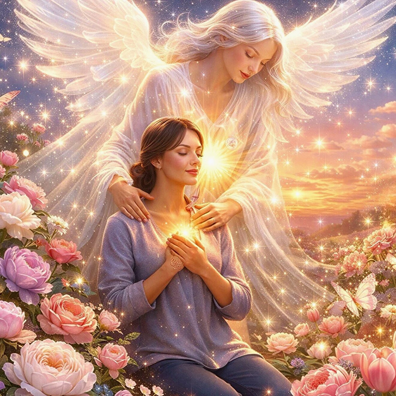 An artistic digital illustration showing a woman with closed eyes and hands over her heart sitting amidst pink and white flowers, with an angelic figure with long, flowing hair and glowing wings standing behind her, blessings with radiant light in a 