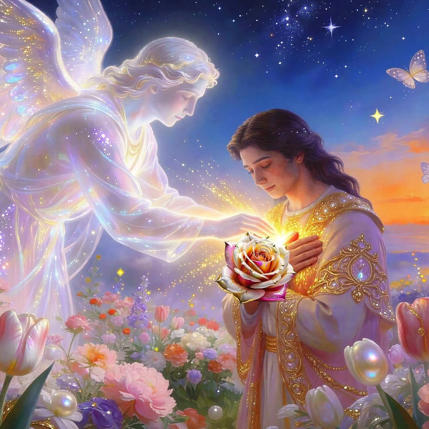 A young woman kneeling in a colorful flower garden, holding a glowing rose close to her chest, as an angelic figure in shimmering, translucent robes reaches out to her with a gentle hand under a starry sky at sunset.