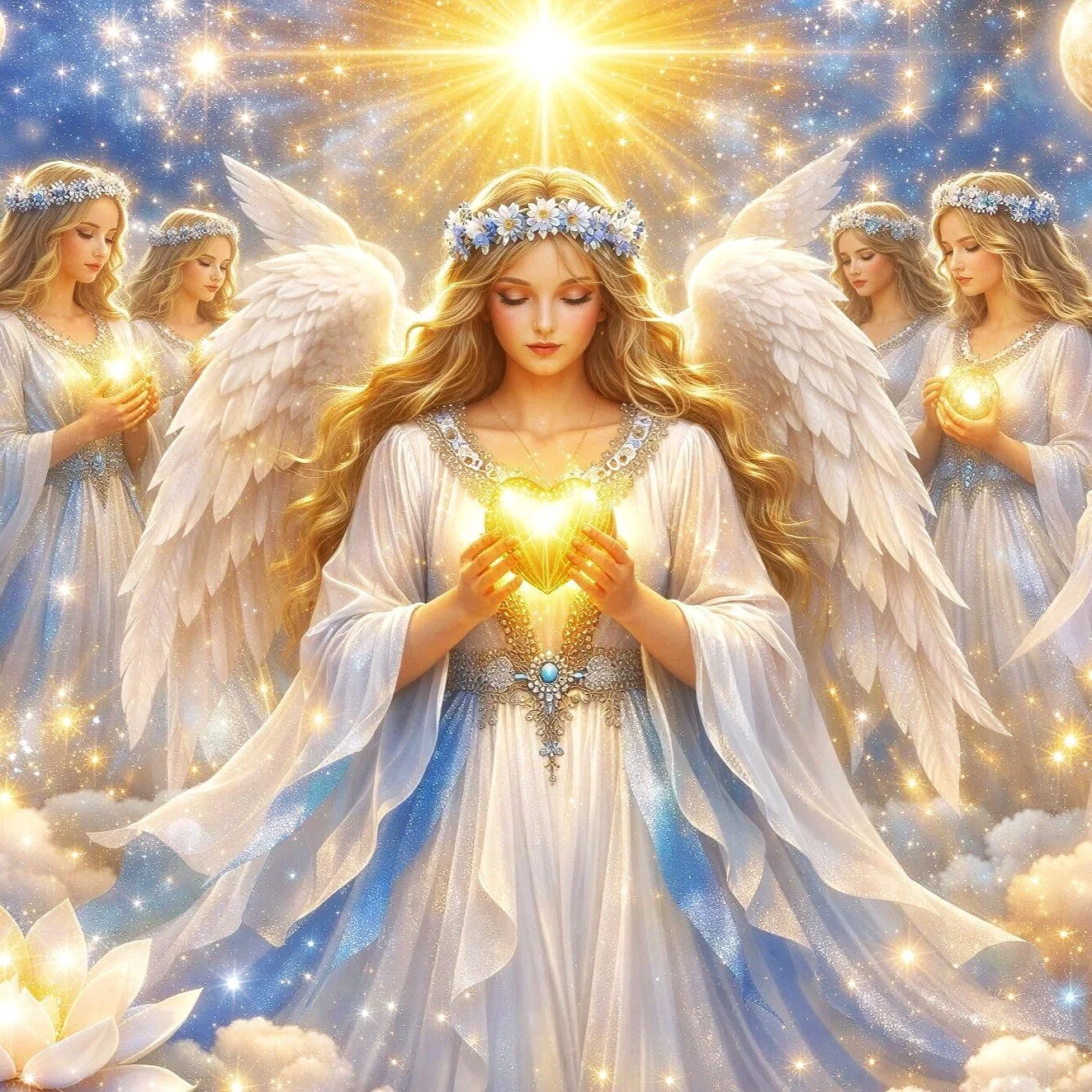 A group of sweet and holy angels with huge wings and white robes in a heavenly setting with clouds and sparkling lights, holding glowing hearts.