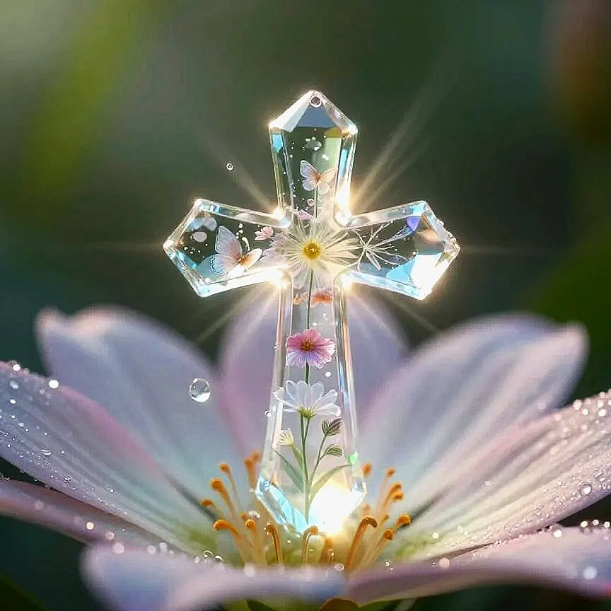 A glass cross with embedded butterflies and flowers, resting on a light pink flower with water droplets, illuminated by sunlight.