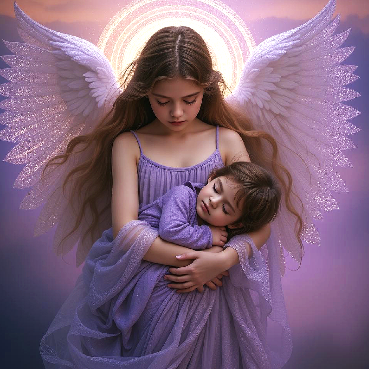 An angelic woman with large, glowing wings cradles a sleeping child in her arms, both dressed in purple, with a luminous halo behind them.