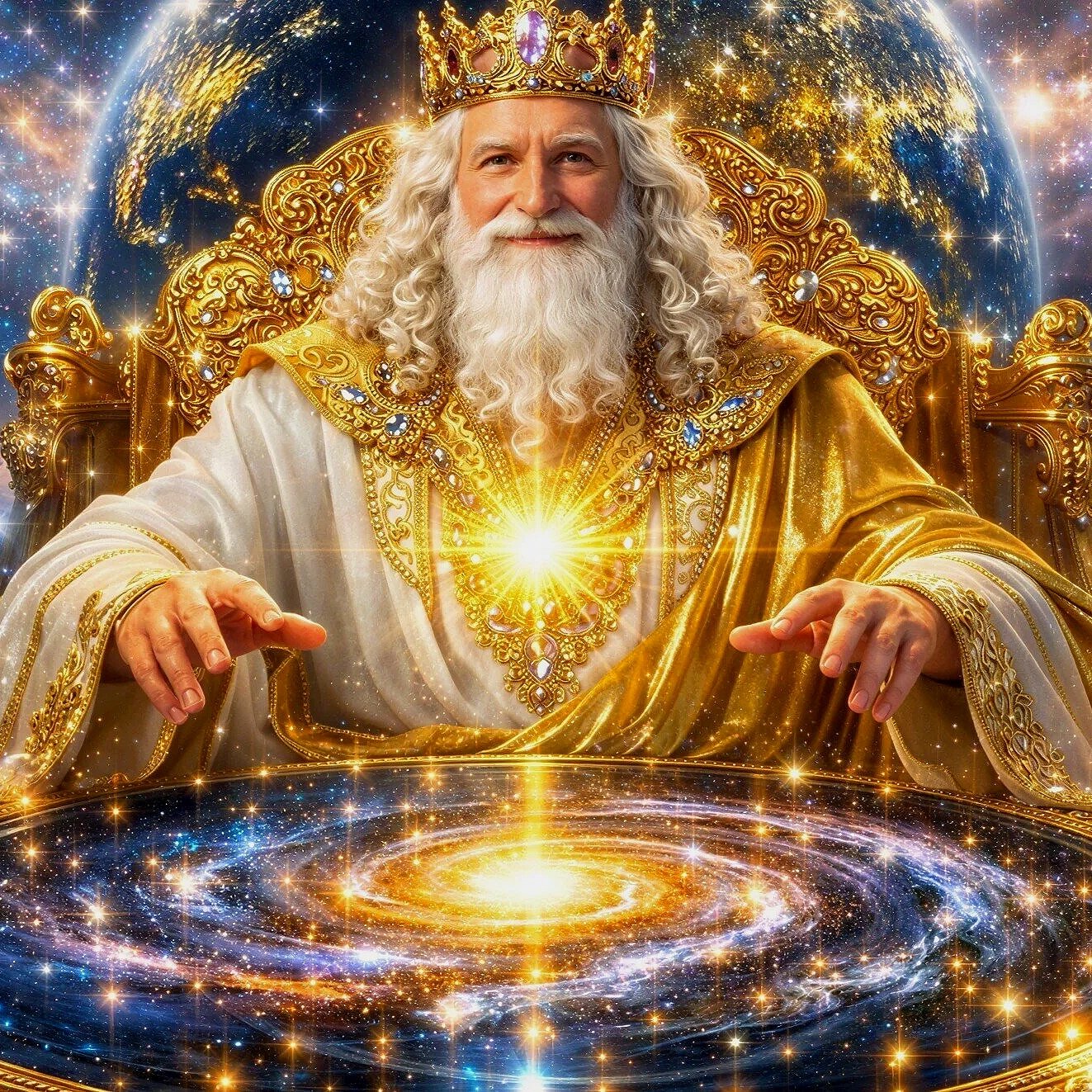 The Creator of the Universe, as the Almighty King wearing a crown and ornate golden robes, is sitting on a throne. Behind him is a view of Earth from space, and in front of him is a glowing galaxy-like formation on a table, with a cosmic space.
