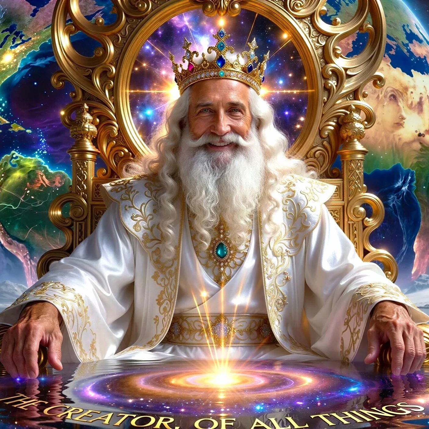 Religious artwork of God, The Creator, Our Heavenly Father, as  Royal King sitting on a golden throne with a cosmic background and the phrase 'The Creator of All Things' written below.
