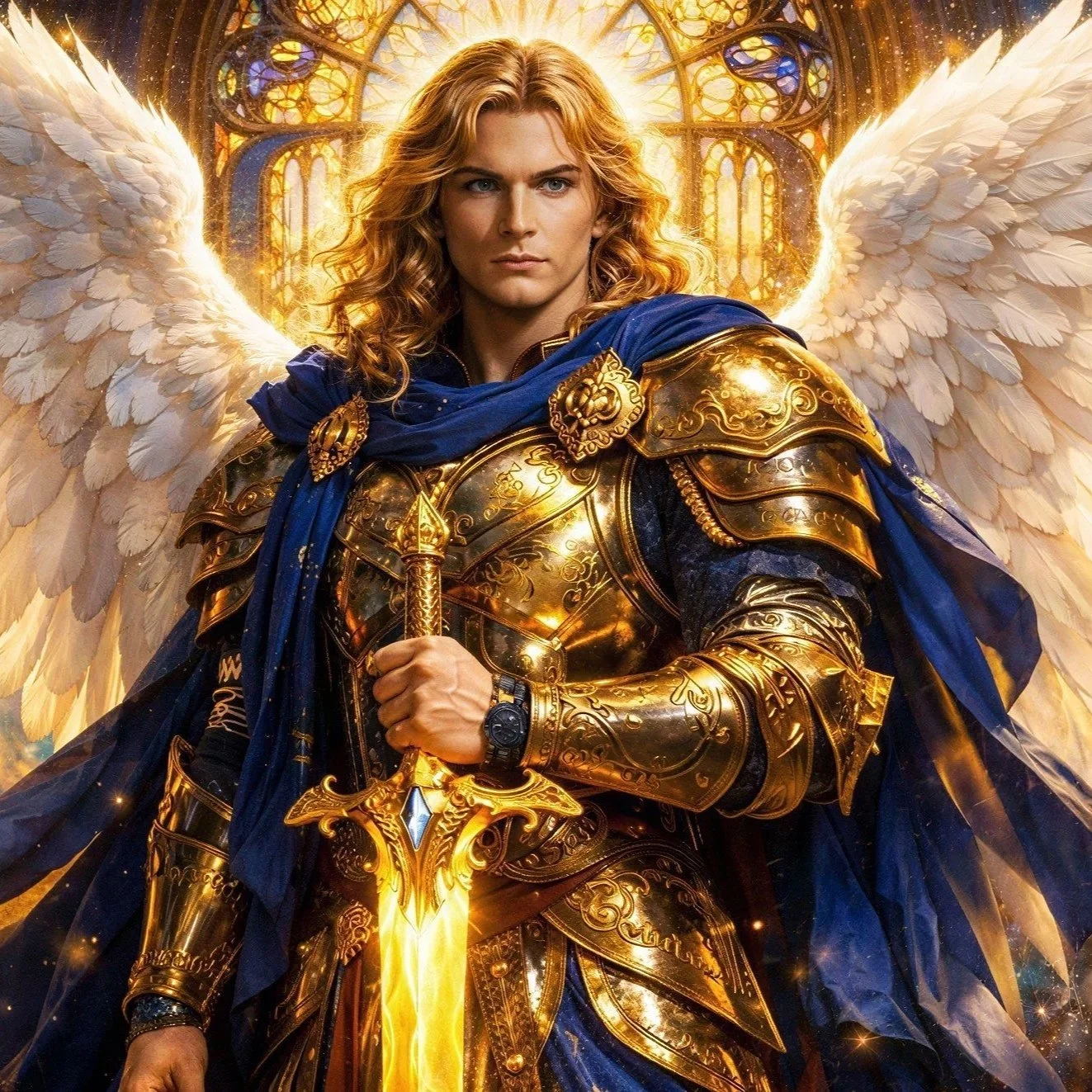 Archangel Michael as angelic warrior with long curly blonde hair, wearing gold armor with intricate designs, a blue cape, and white feathered wings. He holds a glowing golden sword and stands in front of stained glass windows emitting a bright light.