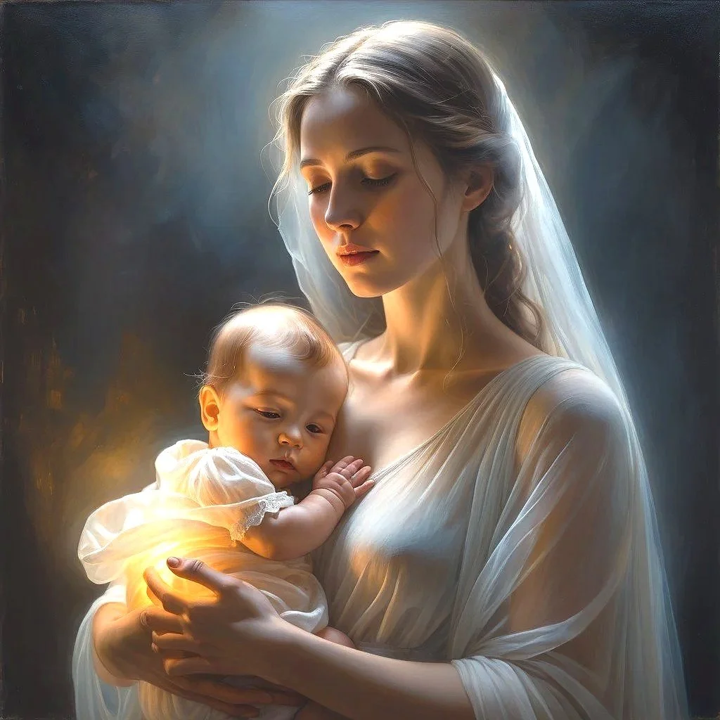 Blessed Mother Mary, with long, blonde hair, dressed in a flowing, light-colored gown, holding a baby with blonde hair, wearing a white dress, against a dark background with soft light highlighting their faces, creating a serene and tender mood.