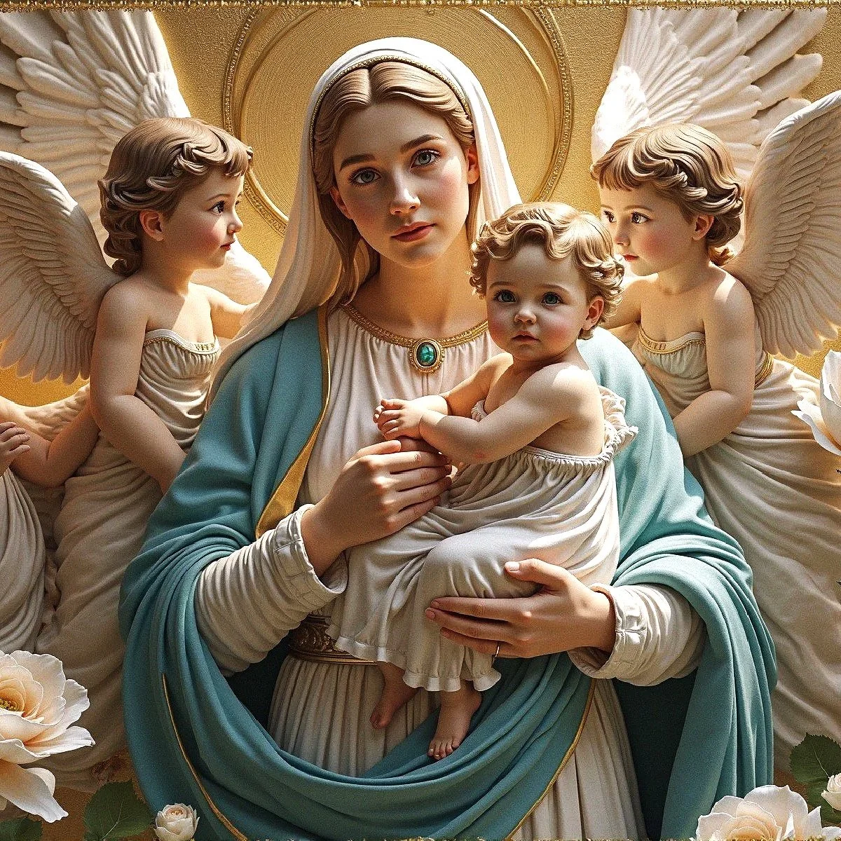 A religious statue of the Madonna and child, surrounded by four angels with flowing hair and wings, set against a golden background with flowers at the bottom.