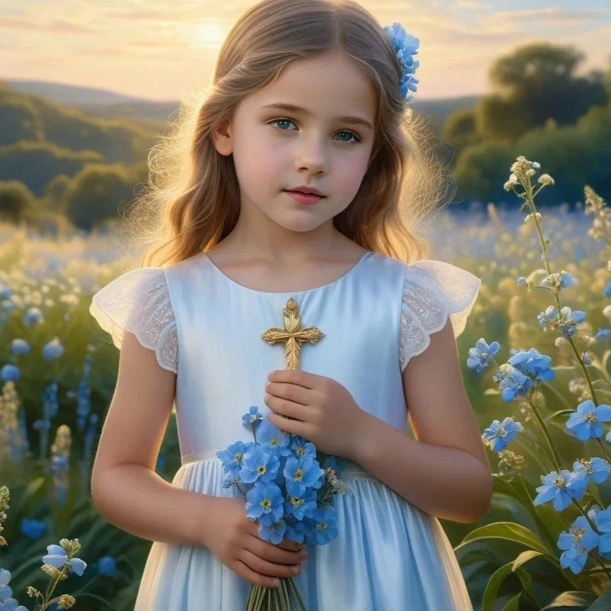 A young girl standing in a field of blooming blue flowers at sunset, holding a bouquet of blue flowers and a gold crucifix.