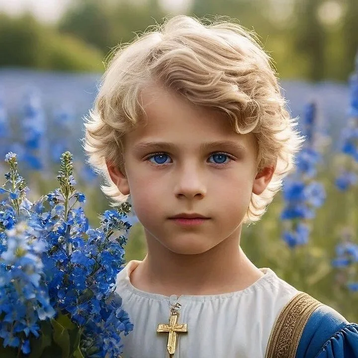 A young boy with blonde curly hair and blue eyes standing in a field of blue flowers, wearing a white shirt with a gold cross necklace.