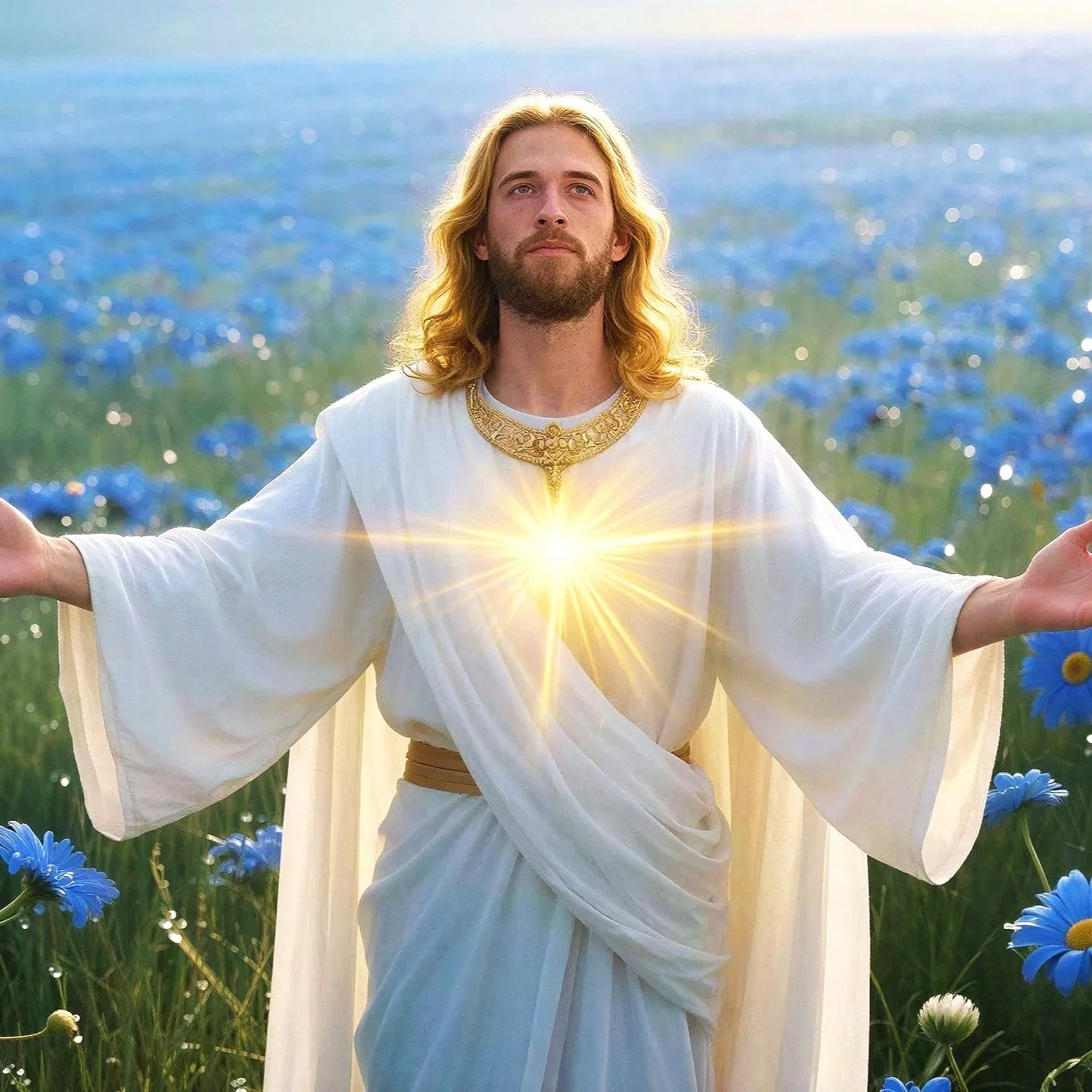 Religious artwork of Our Savior Jesus Christ with long, wavy blond hair in a field of blue flowers, arms outstretched. He is wearing a white robe with a gold collar and a gold belt. There is a glowing light on his chest, emitting rays of light.