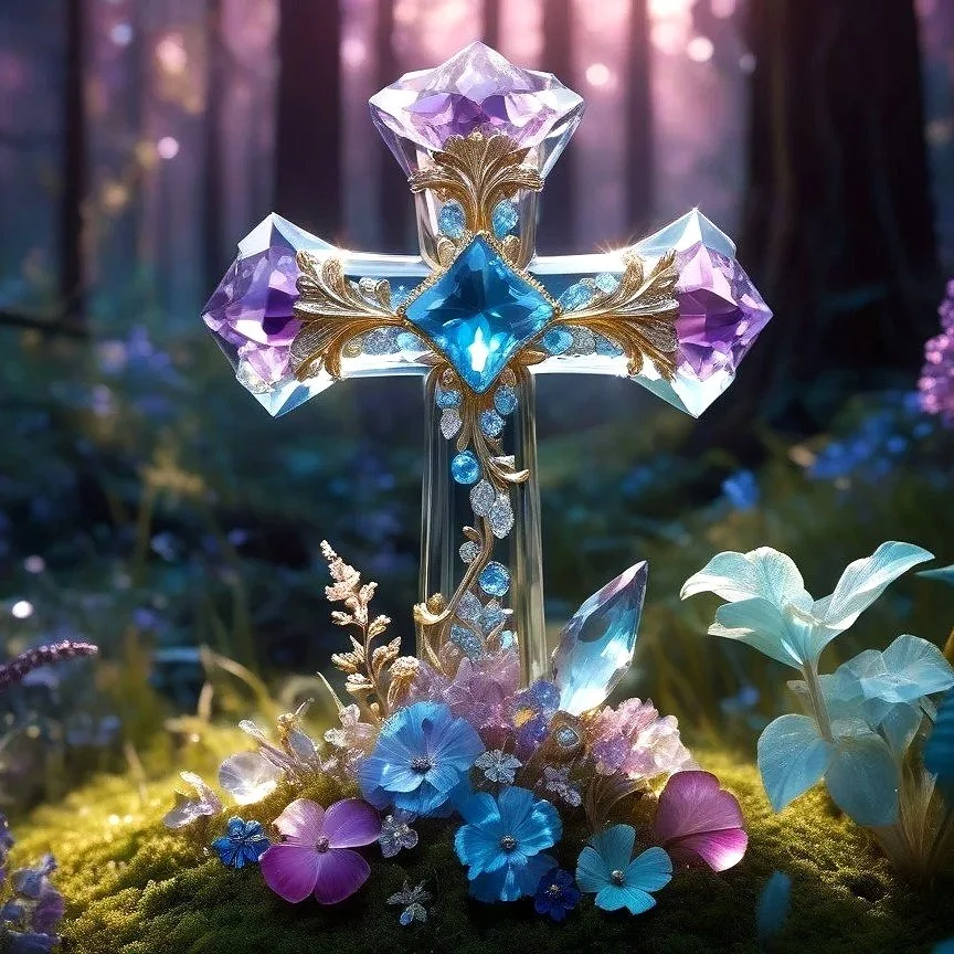 A decorative cross adorned with purple and blue gemstones, gold accents, and dangling crystals, surrounded by colorful flowers in a forest setting.