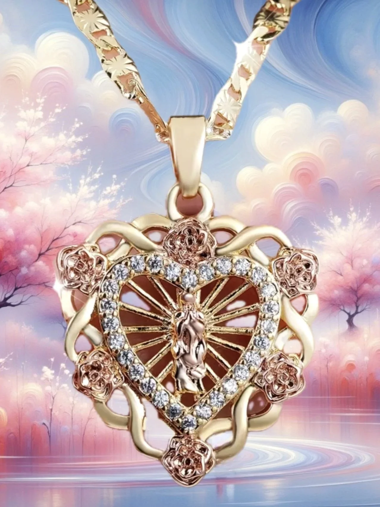 ROSES+HEART+MOTHER +MARY+GOLDEN+HEART+PENDANT+PRAYER++DIVINE+SPIRITUAL+RELIGIOUS+FAITH+BIBLE+REVMARIAPIO+GOSPEL+WORSHIP+SACRED+JEWELRY