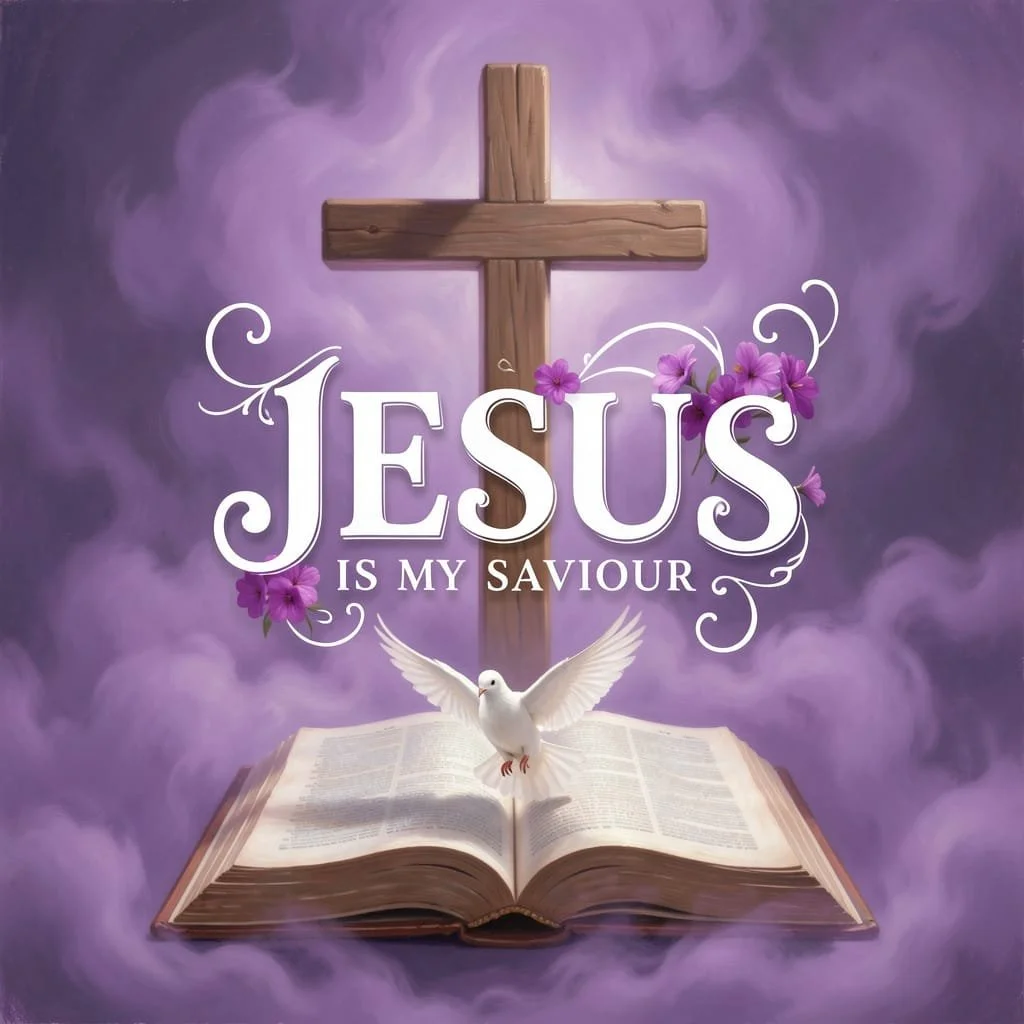 A wooden cross, open Bible, white dove, purple flowers, and the text 'Jesus is my savior' against a purple cloud background.